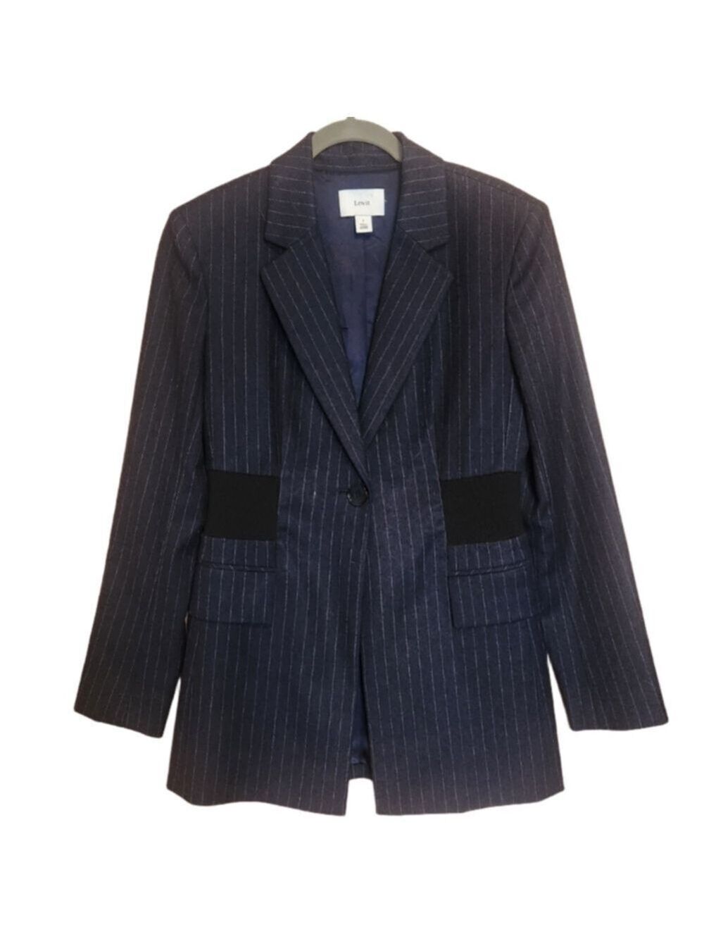 LEWIT DARK NAVY AND BLACK PINSTRIPE ELONGATED WOOL BLAZER SIZE 8 NWOT